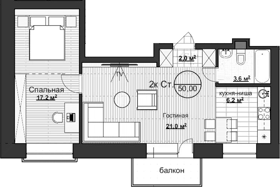 Планировка — Уютный, 2-комн., 50 м²