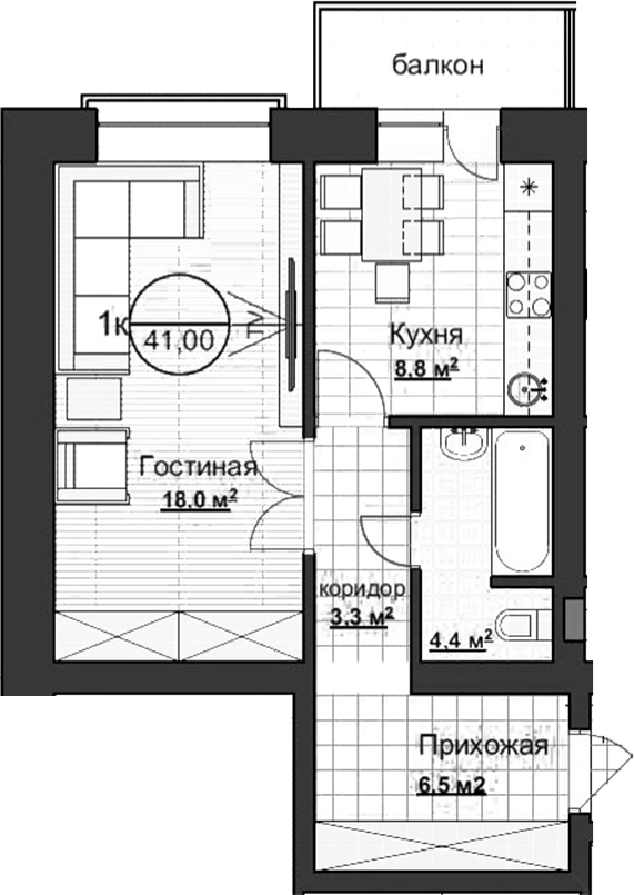 Планировка — Уютный, 1-комн., 41 м²