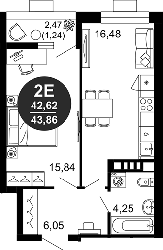 Планировка — 1799, 2-комн., 43 м²
