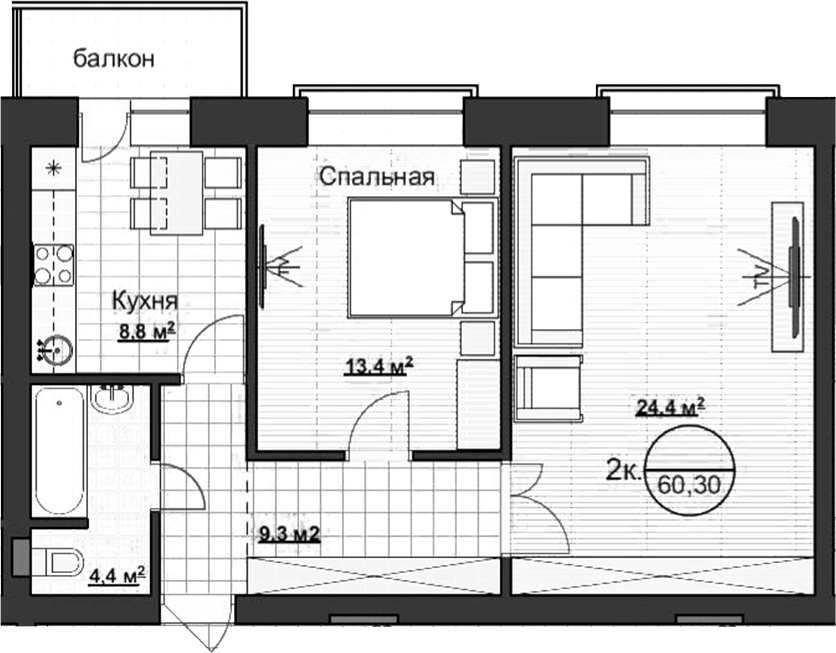 Планировка — Уютный, 2-комн., 60 м²