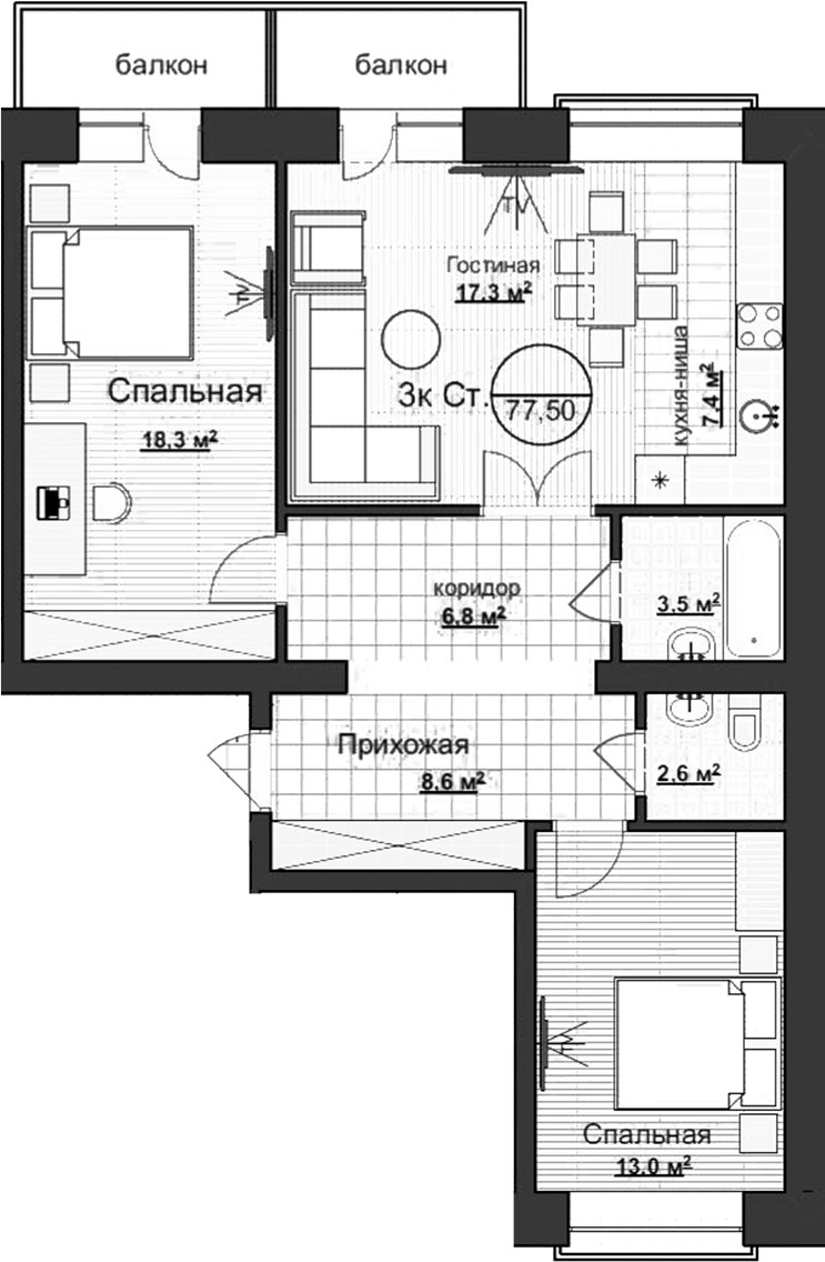 Планировка — Уютный, 3-комн., 78 м²
