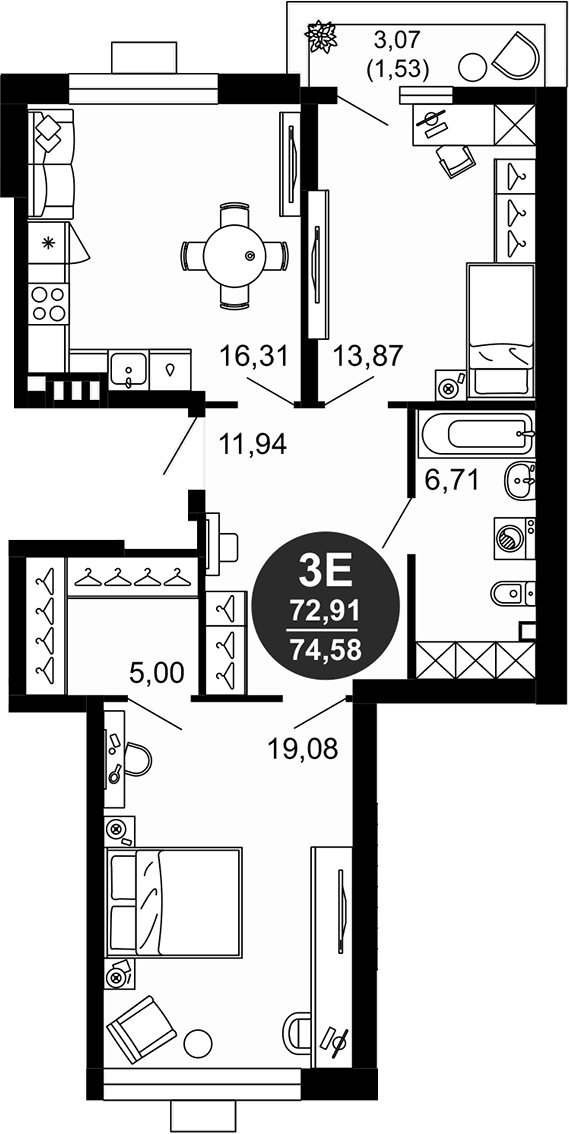 Планировка — 1799, 3-комн., 73 м²