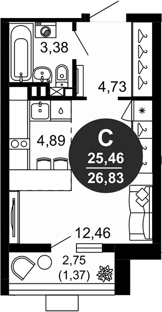 Планировка — 1799, Студия, 25 м²