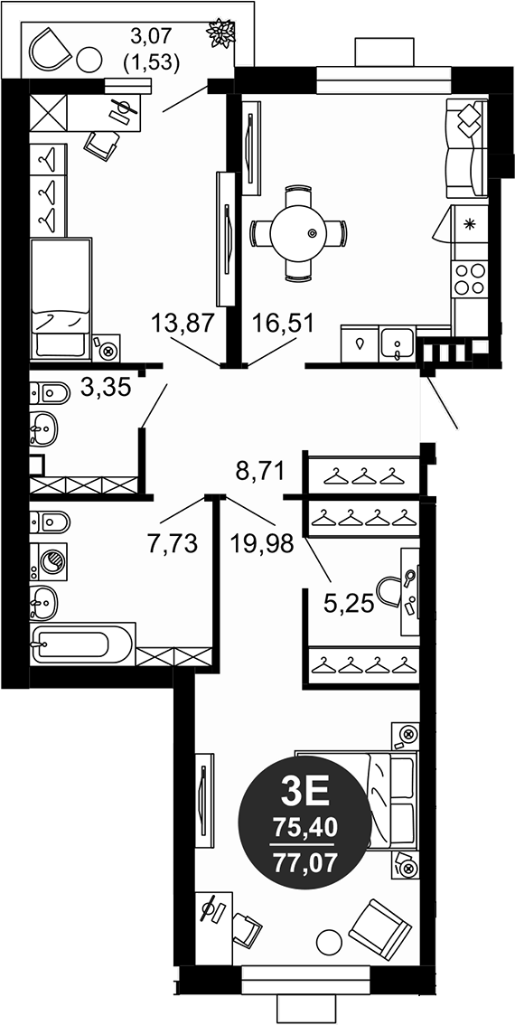 Планировка — 1799, 3-комн., 76 м²