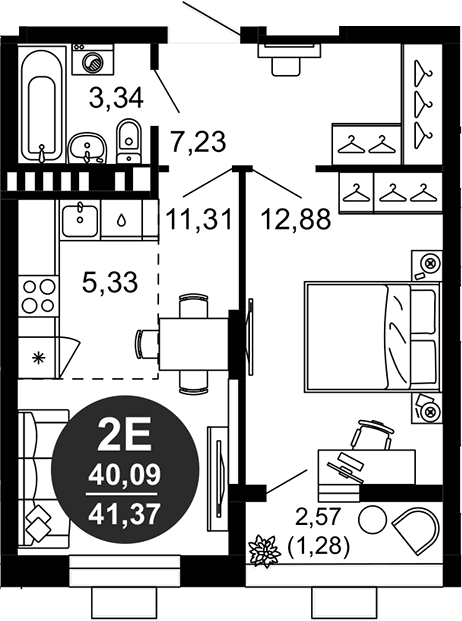 Планировка — 1799, 2-комн., 40 м²