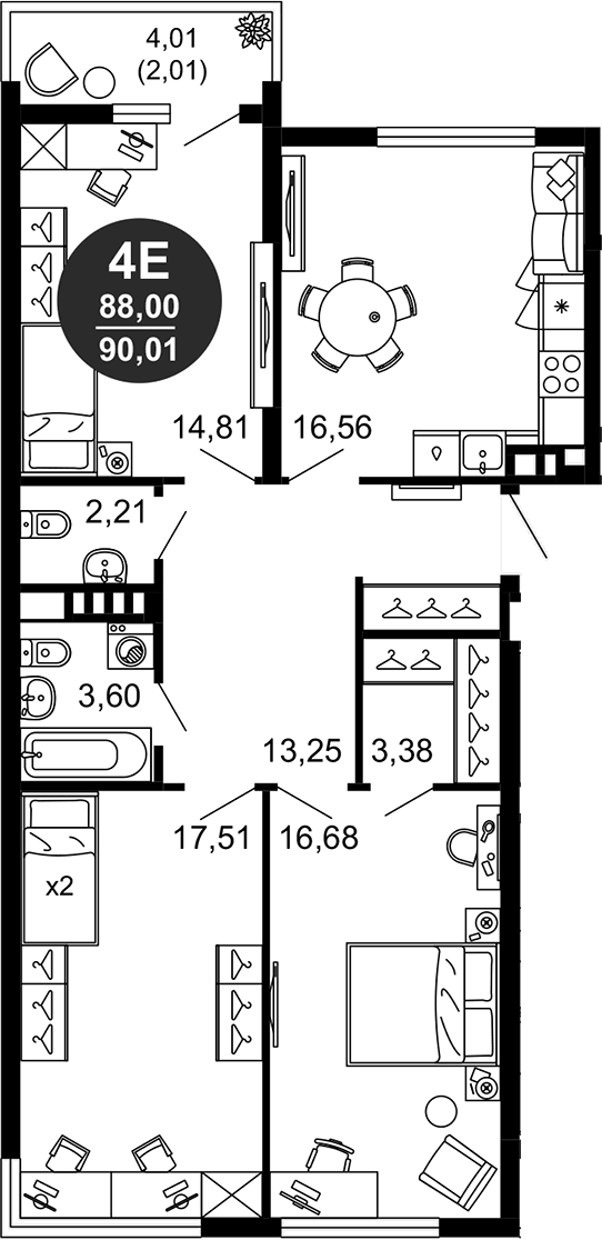 Планировка — 1799, 4-комн., 88 м²