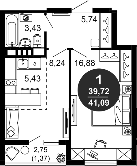 Планировка — 1799, 1-комн., 40 м²