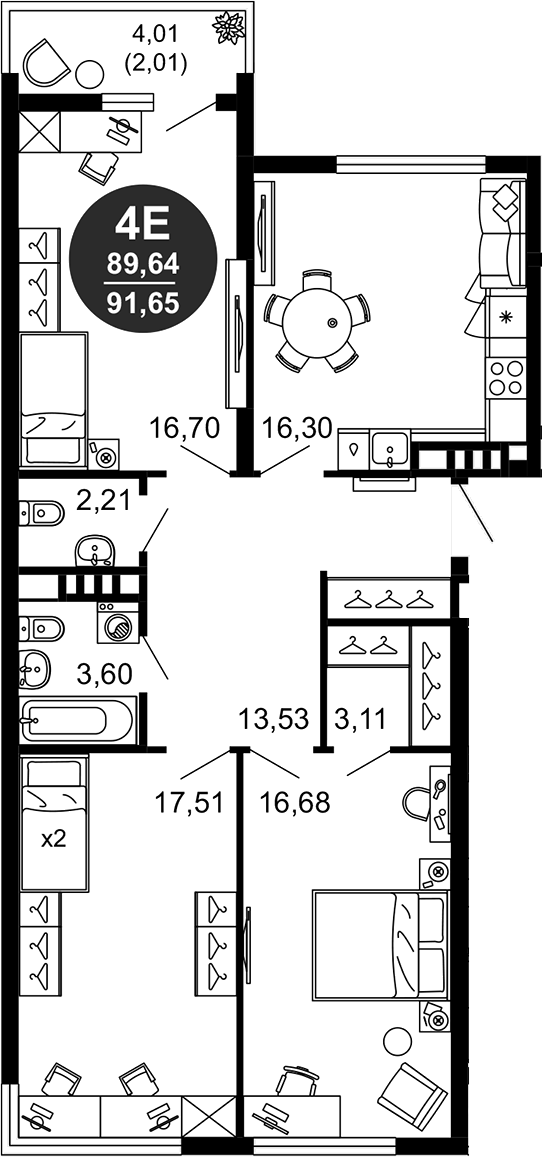 Планировка — 1799, 4-комн., 90 м²