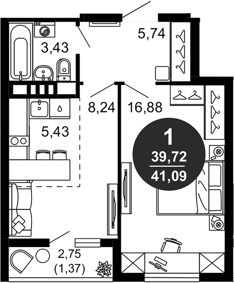Планировка — 1799, 1-комн., 40 м²