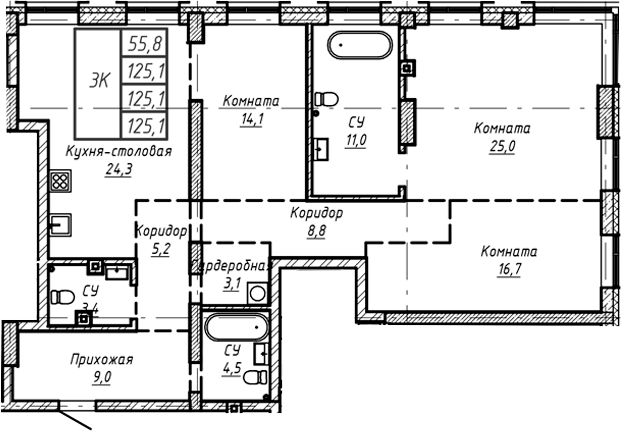 Планировка — Барнаул, 1-комн., 125 м²