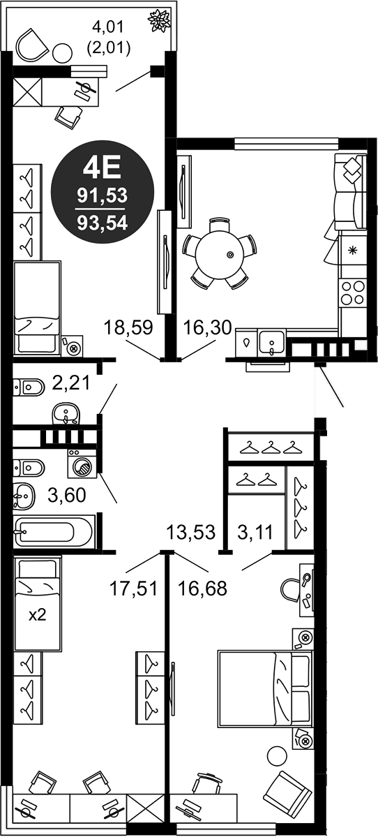 Планировка — 1799, 4-комн., 92 м²