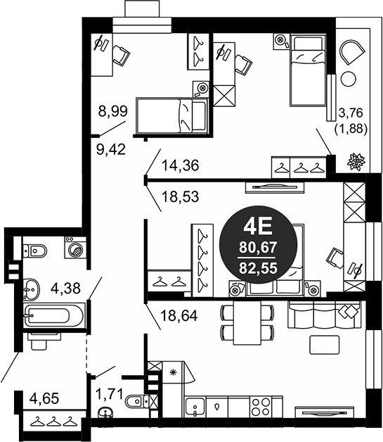 Планировка — 1799, 4-комн., 81 м²