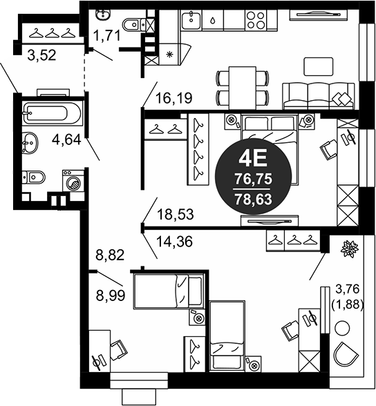 Планировка — 1799, 4-комн., 77 м²
