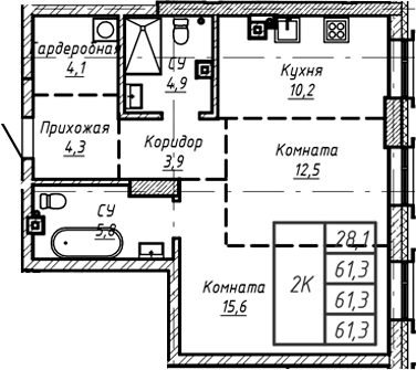 Планировка — Барнаул, 1-комн., 61 м²