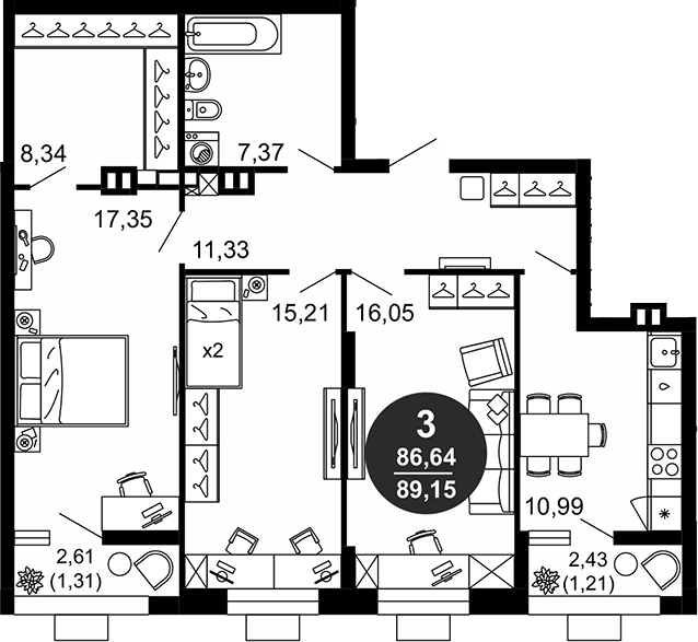 Планировка — 1799, 3-комн., 87 м²