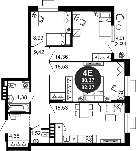 Планировка — 1799, 4-комн., 80 м²