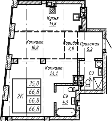 Планировка — Барнаул, 1-комн., 67 м²