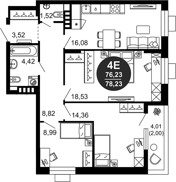 Планировка — 1799, 4-комн., 76 м²