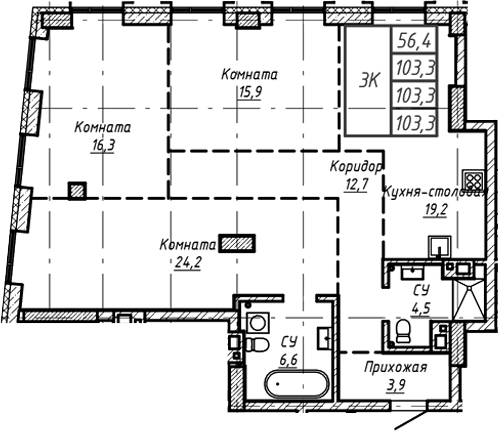 Планировка — Барнаул, 1-комн., 103 м²