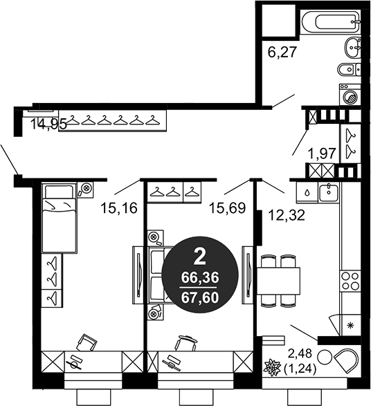 Планировка — 1799, 2-комн., 66 м²