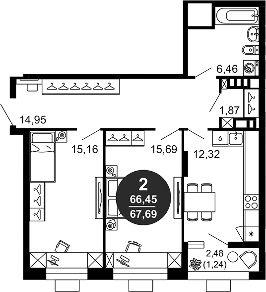 Планировка — 1799, 2-комн., 66 м²