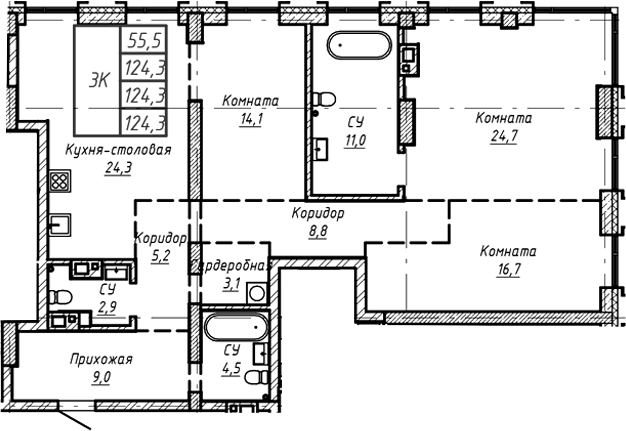 Планировка — Барнаул, 1-комн., 124 м²