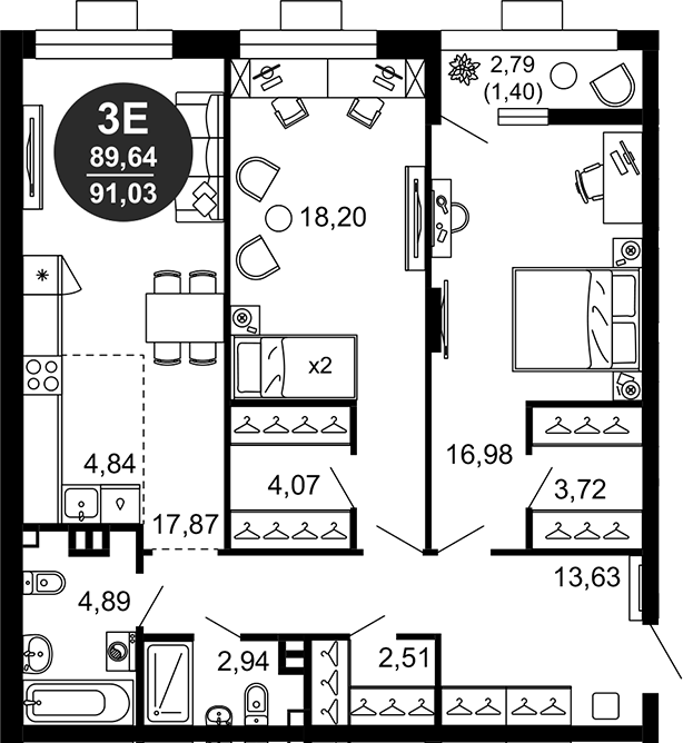 Планировка — 1799, 3-комн., 90 м²