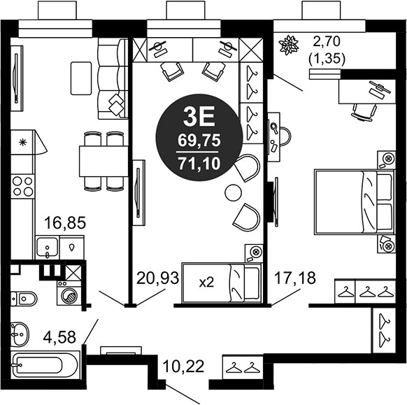 Планировка — 1799, 3-комн., 70 м²