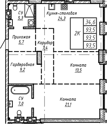 Планировка — Барнаул, 1-комн., 94 м²
