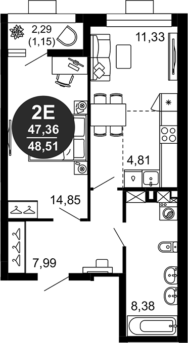 Планировка — 1799, 2-комн., 47 м²