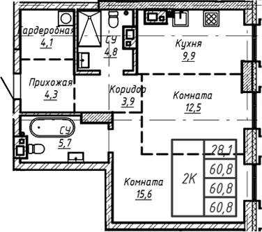 Планировка — Барнаул, 1-комн., 61 м²