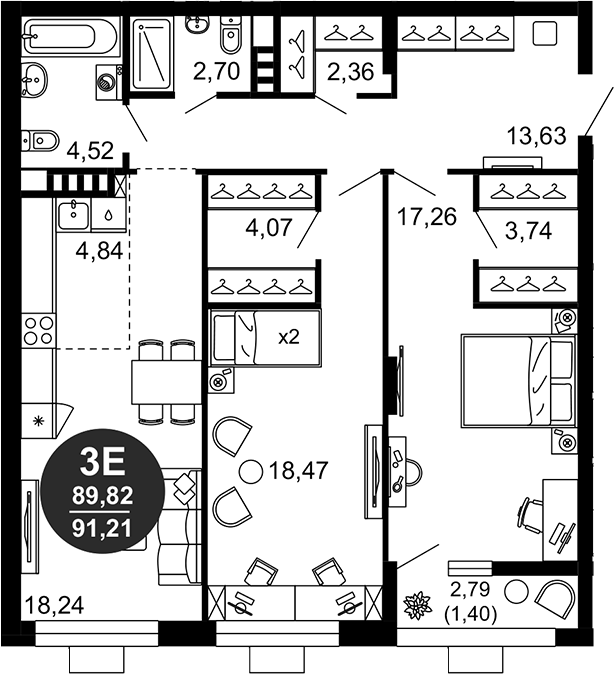 Планировка — 1799, 3-комн., 90 м²