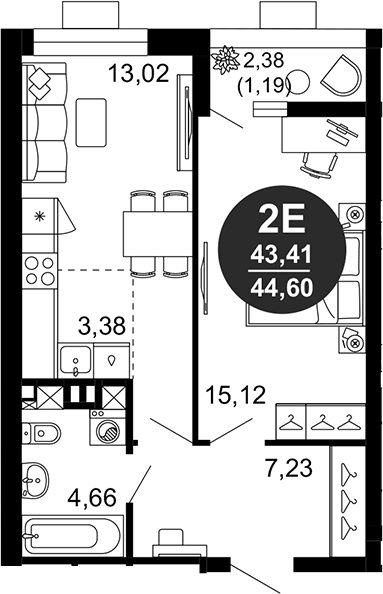 Планировка — 1799, 2-комн., 43 м²
