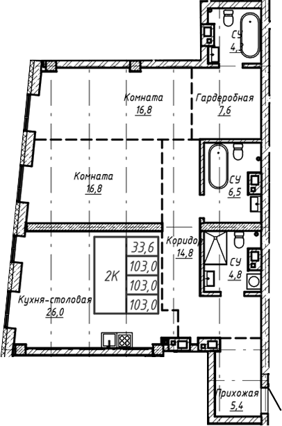 Планировка — Барнаул, 1-комн., 103 м²