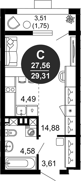 Планировка — 1799, Студия, 28 м²