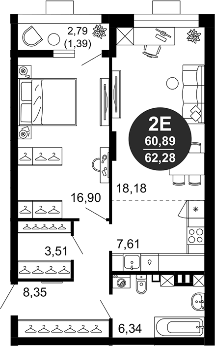 Планировка — 1799, 2-комн., 61 м²