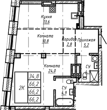 Планировка — Барнаул, 1-комн., 66 м²