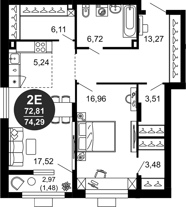Планировка — 1799, 2-комн., 73 м²