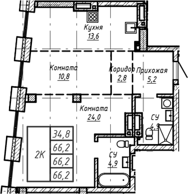 Планировка — Барнаул, 1-комн., 66 м²