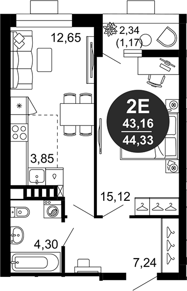 Планировка — 1799, 2-комн., 43 м²