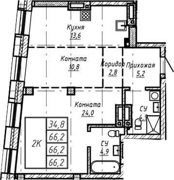 Планировка — Барнаул, 1-комн., 66 м²