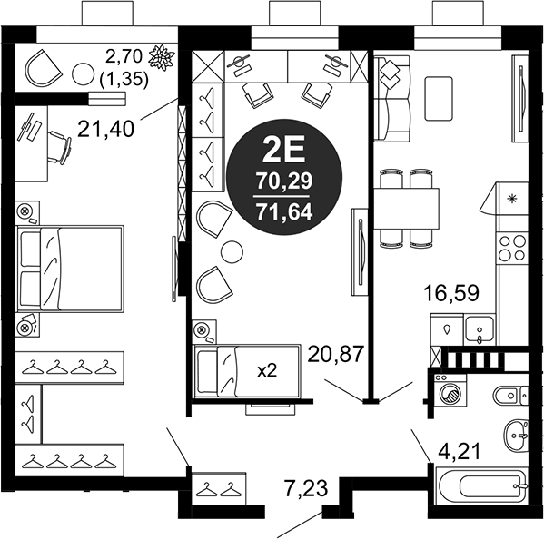 Планировка — 1799, 3-комн., 70 м²