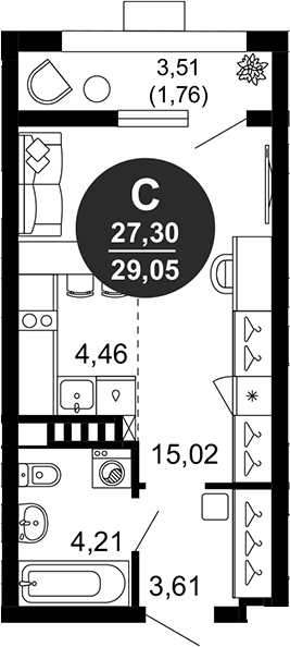 Планировка — 1799, Студия, 27 м²