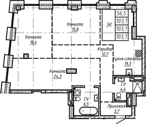 Планировка — Барнаул, 1-комн., 103 м²