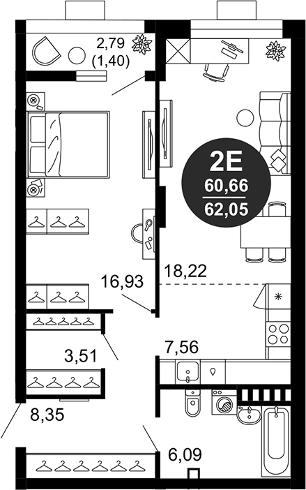 Планировка — 1799, 2-комн., 61 м²