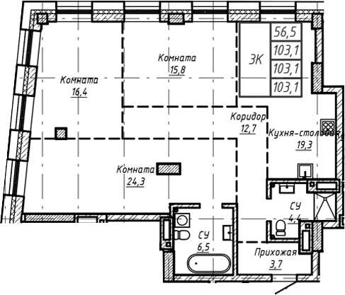 Планировка — Барнаул, 1-комн., 103 м²