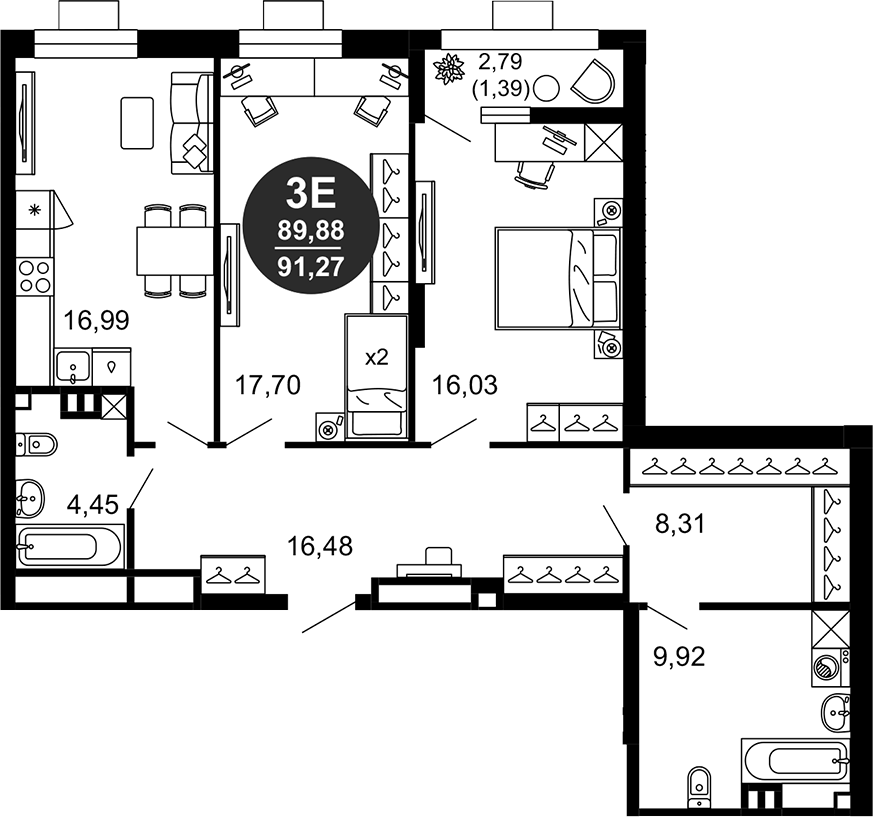 Планировка — 1799, 3-комн., 90 м²