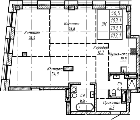 Планировка — Барнаул, 1-комн., 103 м²