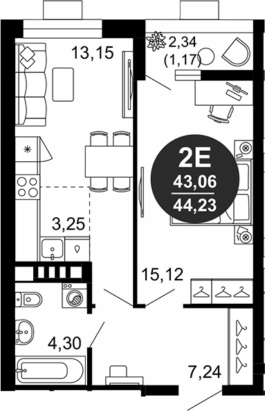 Планировка — 1799, 2-комн., 43 м²