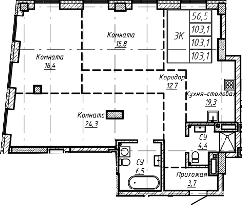 Планировка — Барнаул, 1-комн., 103 м²